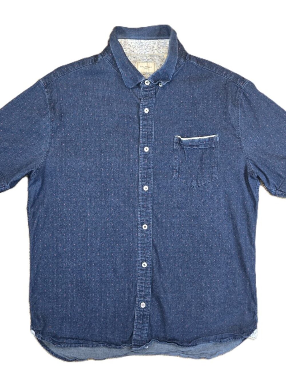 7Diamonds Audio Tree Denim Stretch Shirt Men’s XL Blue Pink Geo Short Sleeve